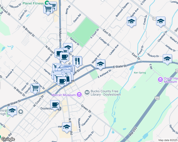 map of restaurants, bars, coffee shops, grocery stores, and more near 195 East Oakland Avenue in Doylestown