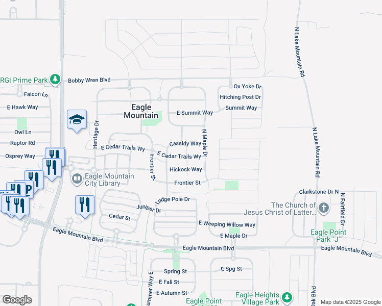 map of restaurants, bars, coffee shops, grocery stores, and more near 2151 East Cedar Trails Way in Eagle Mountain