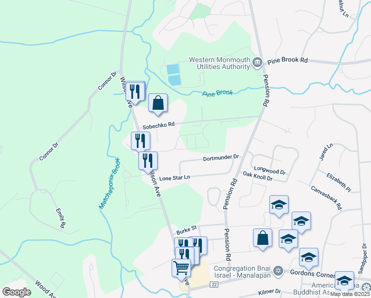 map of restaurants, bars, coffee shops, grocery stores, and more near 20 Primrose Court in Manalapan Township