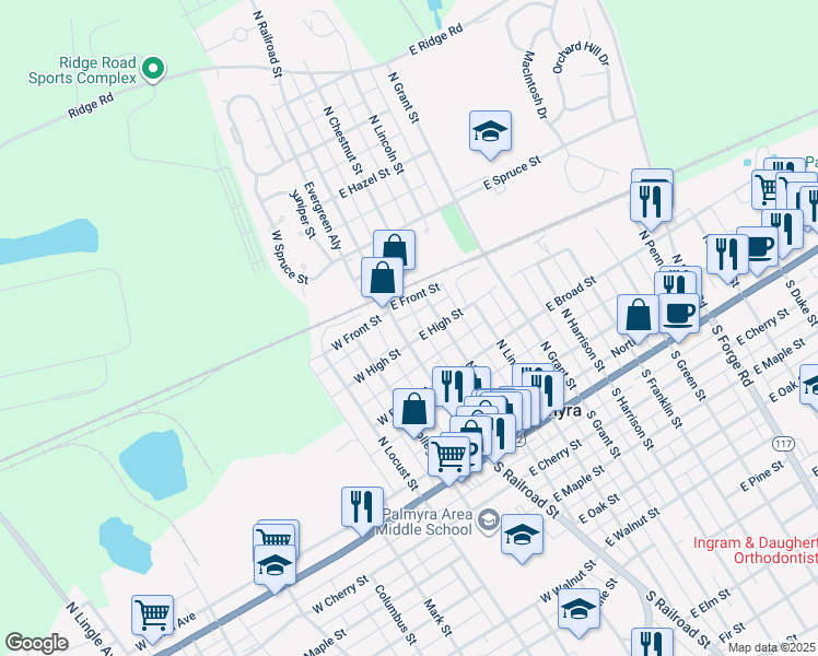 map of restaurants, bars, coffee shops, grocery stores, and more near 320 North Railroad Street in Palmyra