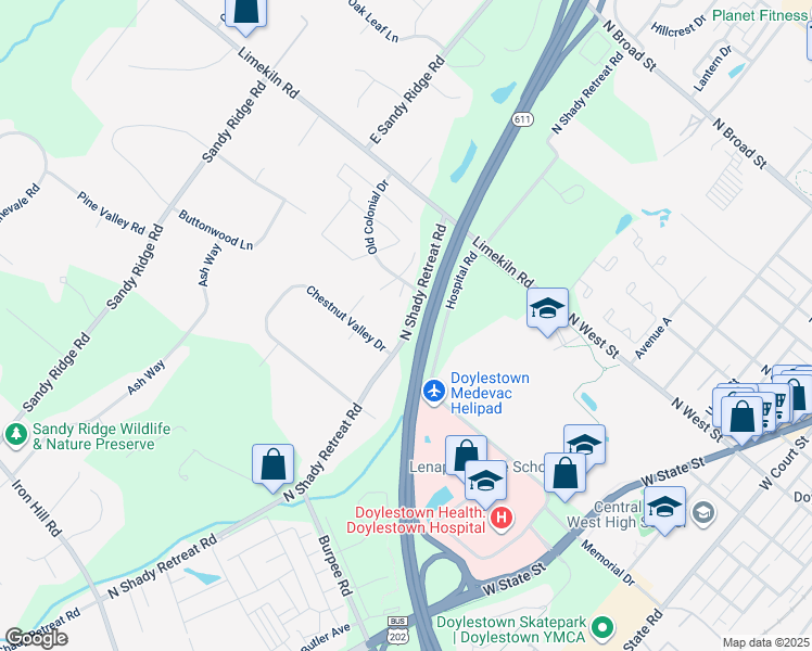 map of restaurants, bars, coffee shops, grocery stores, and more near 612 North Shady Retreat Road in Doylestown