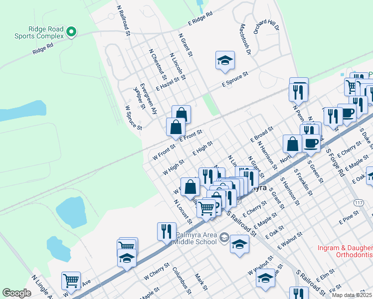 map of restaurants, bars, coffee shops, grocery stores, and more near 320 North Railroad Street in Palmyra