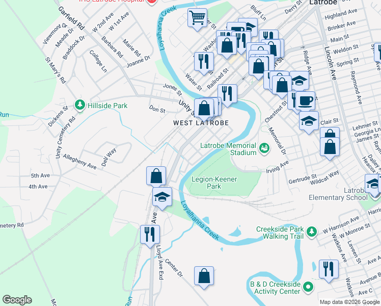map of restaurants, bars, coffee shops, grocery stores, and more near 315 Loyalhanna Avenue in Latrobe