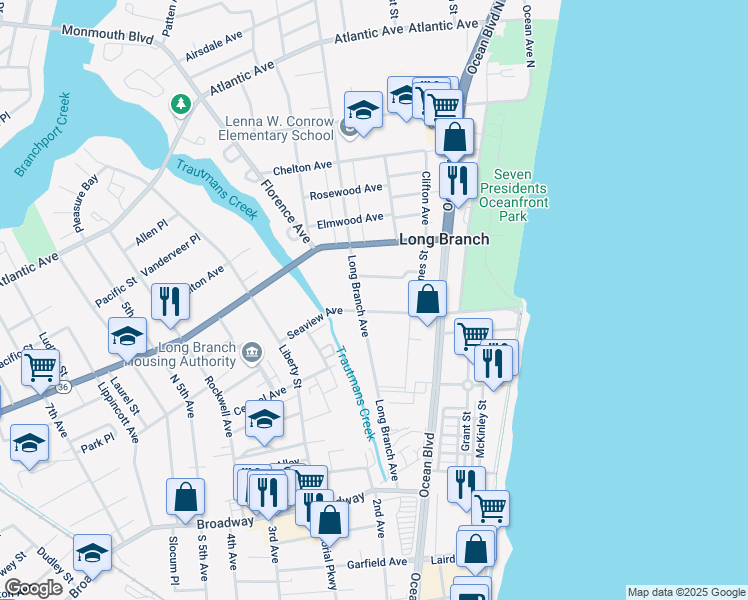 map of restaurants, bars, coffee shops, grocery stores, and more near 175 Long Branch Avenue in Long Branch