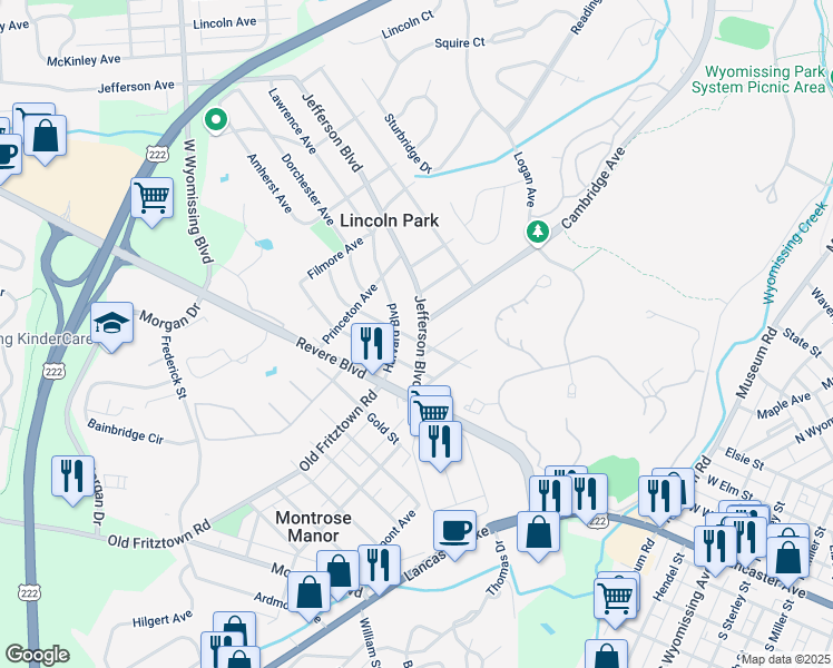 map of restaurants, bars, coffee shops, grocery stores, and more near 12 Amherst Avenue in Reading