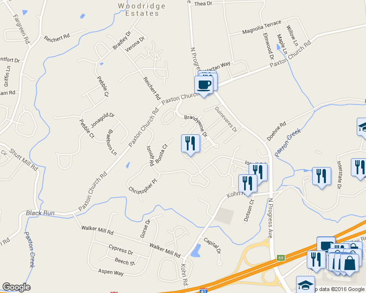 map of restaurants, bars, coffee shops, grocery stores, and more near 2808 Buxton Court in Harrisburg