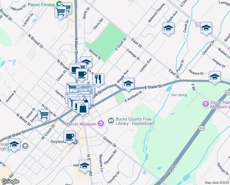 map of restaurants, bars, coffee shops, grocery stores, and more near 195 East Oakland Avenue in Doylestown