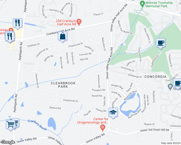 map of restaurants, bars, coffee shops, grocery stores, and more near 725B Ralston Plaza in Monroe Township