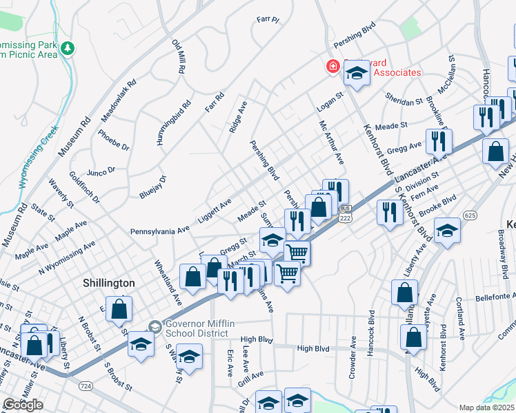 map of restaurants, bars, coffee shops, grocery stores, and more near 1699 Meade Street in Reading