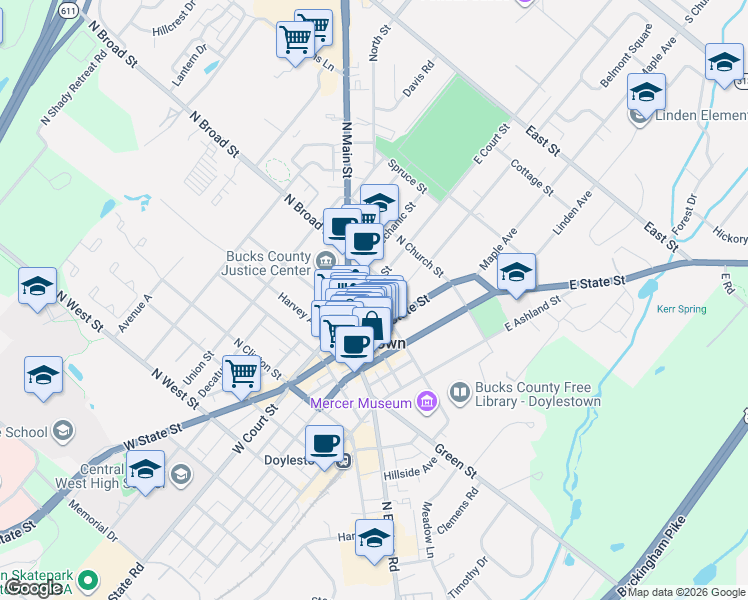 map of restaurants, bars, coffee shops, grocery stores, and more near 7 North Pine Street in Doylestown