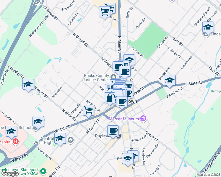 map of restaurants, bars, coffee shops, grocery stores, and more near 63 Harvey Avenue in Doylestown