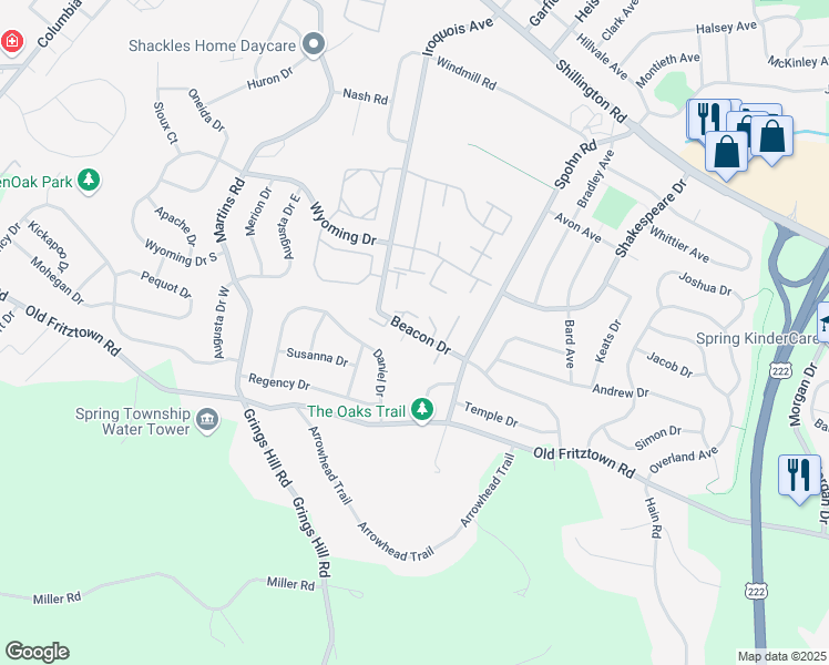 map of restaurants, bars, coffee shops, grocery stores, and more near 2801 Knoll Way in Sinking Spring