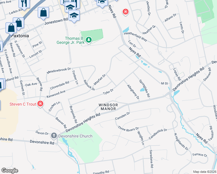 map of restaurants, bars, coffee shops, grocery stores, and more near 6010 Tyler Drive in Harrisburg