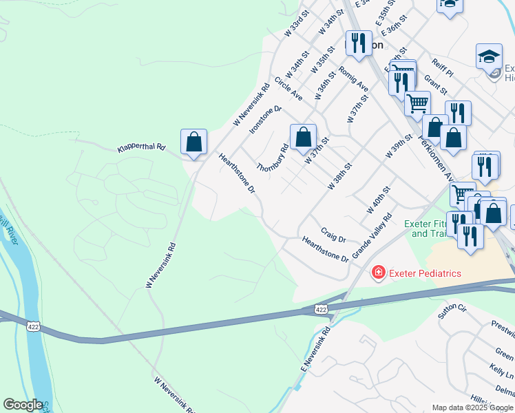 map of restaurants, bars, coffee shops, grocery stores, and more near 42 Hearthstone Drive in Reading
