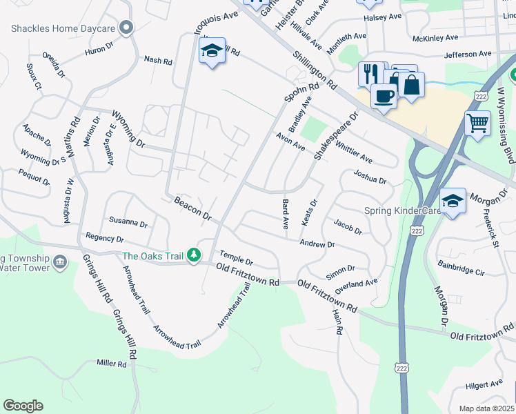 map of restaurants, bars, coffee shops, grocery stores, and more near 2711 Huyett Drive in Sinking Spring