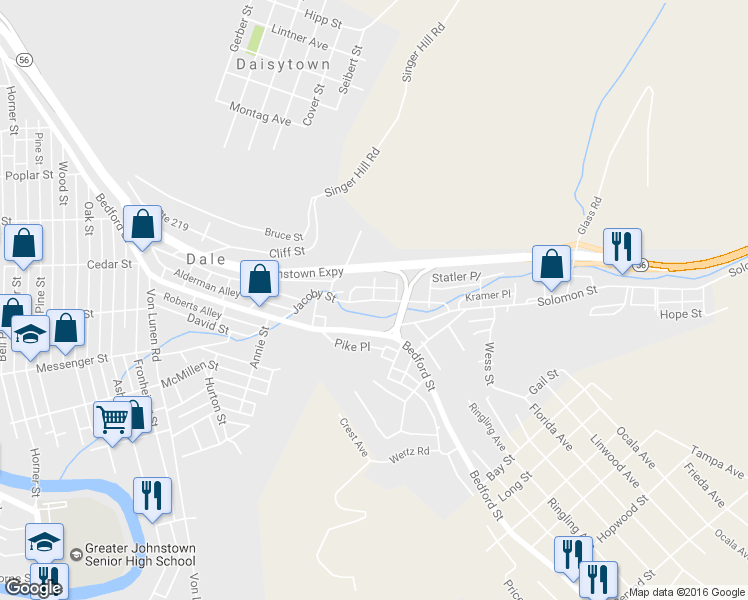map of restaurants, bars, coffee shops, grocery stores, and more near 99 Campbell Avenue in Johnstown