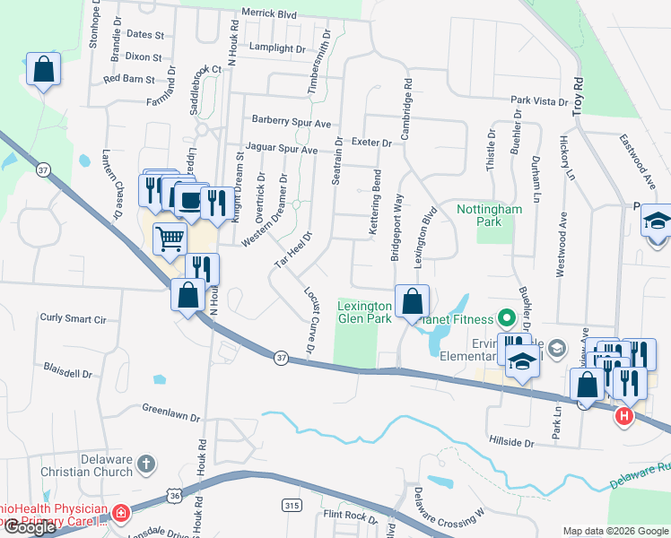 map of restaurants, bars, coffee shops, grocery stores, and more near 105 Providence Lane in Delaware