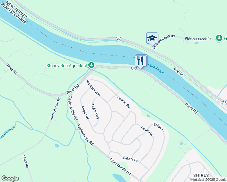 map of restaurants, bars, coffee shops, grocery stores, and more near 34 Jericho Run in Washington Crossing
