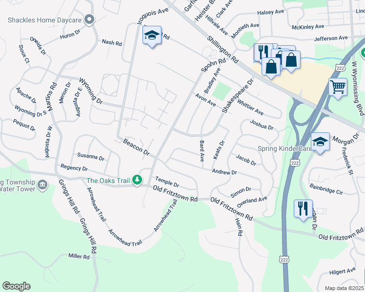map of restaurants, bars, coffee shops, grocery stores, and more near 2711 Huyett Drive in Sinking Spring