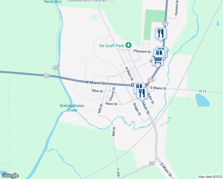 map of restaurants, bars, coffee shops, grocery stores, and more near 110 North Mill Street in De Graff