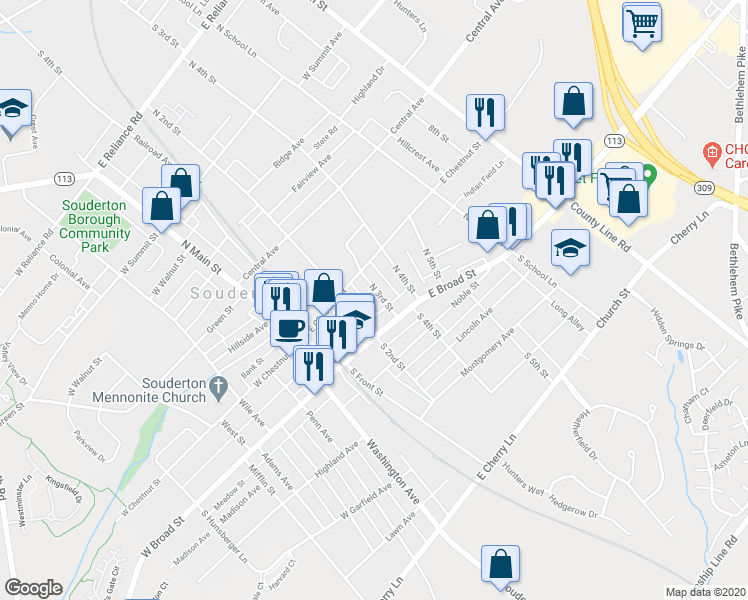 map of restaurants, bars, coffee shops, grocery stores, and more near 30 North 3rd Street in Souderton
