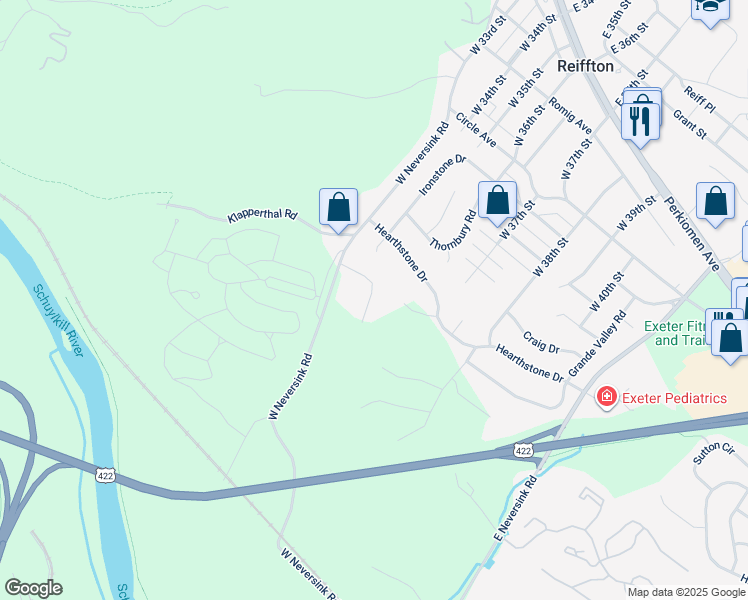 map of restaurants, bars, coffee shops, grocery stores, and more near 53 Emily Court in Reading