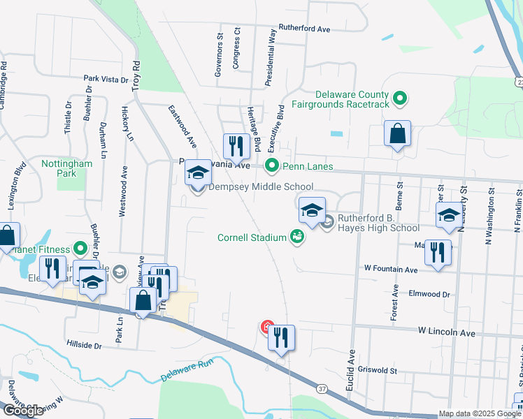 map of restaurants, bars, coffee shops, grocery stores, and more near 57 Oakwood Drive in Delaware