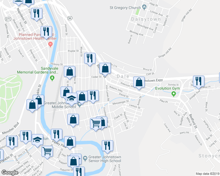 map of restaurants, bars, coffee shops, grocery stores, and more near 187 David Street in Johnstown