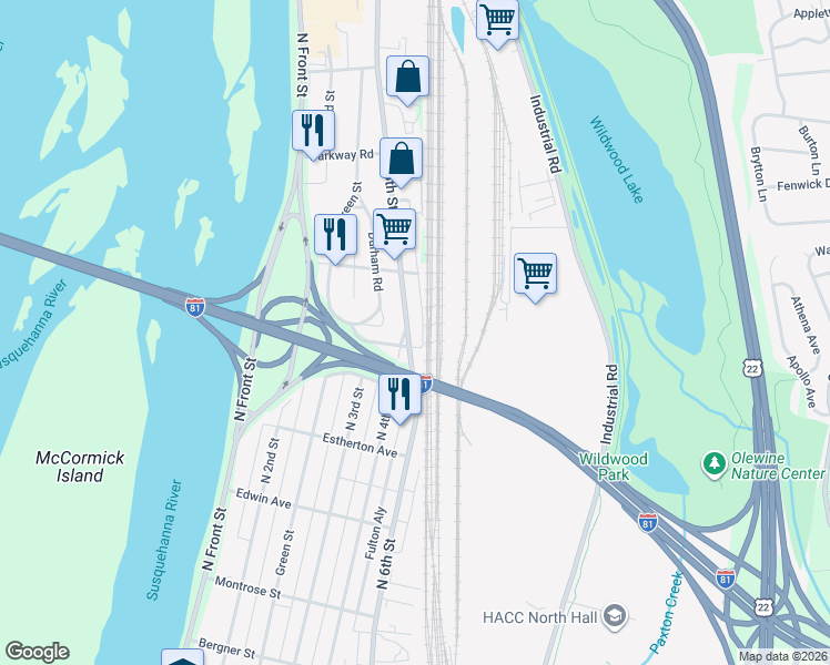 map of restaurants, bars, coffee shops, grocery stores, and more near 3847 North 6th Street in Harrisburg