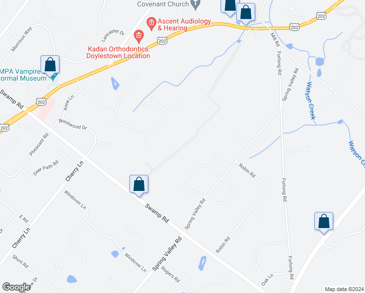 map of restaurants, bars, coffee shops, grocery stores, and more near 3833 Dogwood Lane in Doylestown