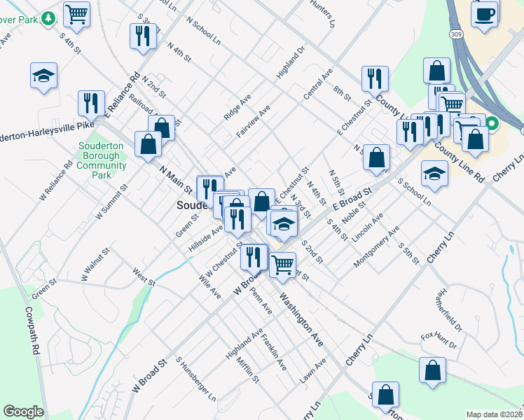map of restaurants, bars, coffee shops, grocery stores, and more near 112 East Chestnut Street in Souderton