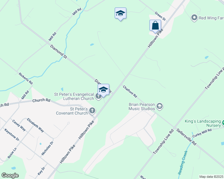 map of restaurants, bars, coffee shops, grocery stores, and more near 1104 Hilltown Pike in Bucks County