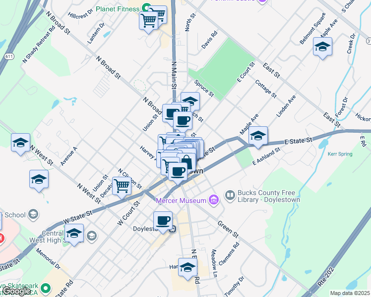 map of restaurants, bars, coffee shops, grocery stores, and more near 44 East Court Street in Doylestown