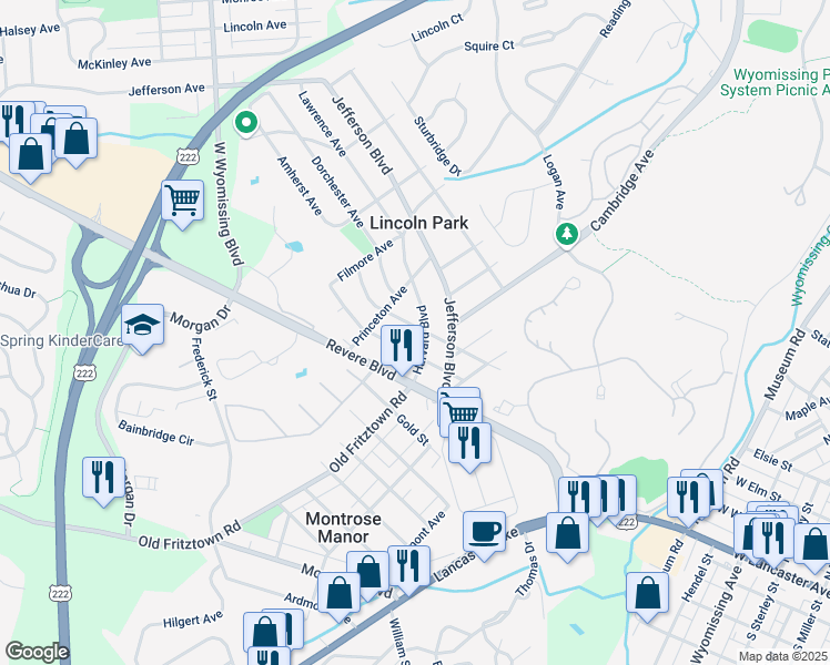map of restaurants, bars, coffee shops, grocery stores, and more near 102 Harvard Boulevard in Reading