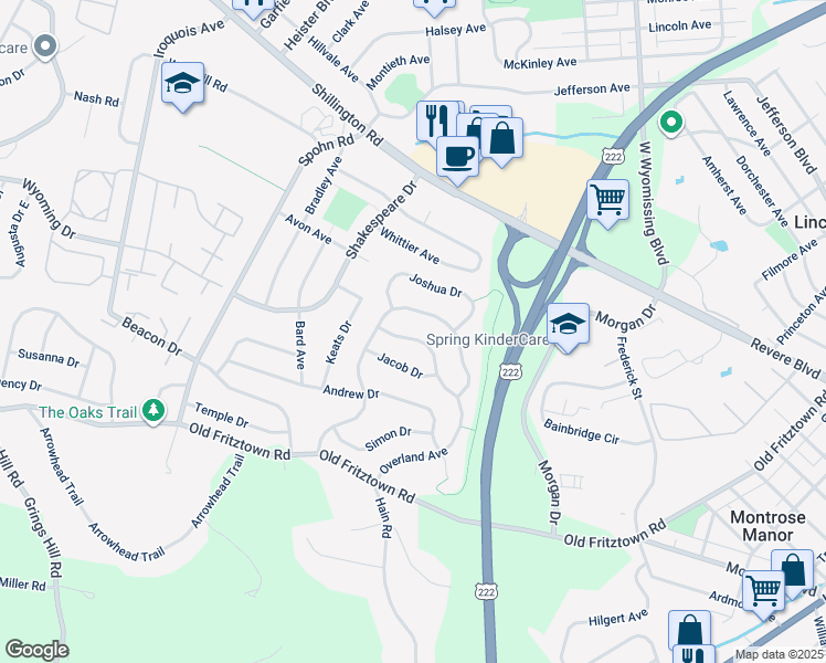 map of restaurants, bars, coffee shops, grocery stores, and more near 2517 Overland Avenue in Sinking Spring