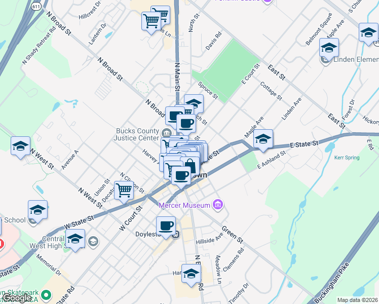 map of restaurants, bars, coffee shops, grocery stores, and more near 7 North Pine Street in Doylestown
