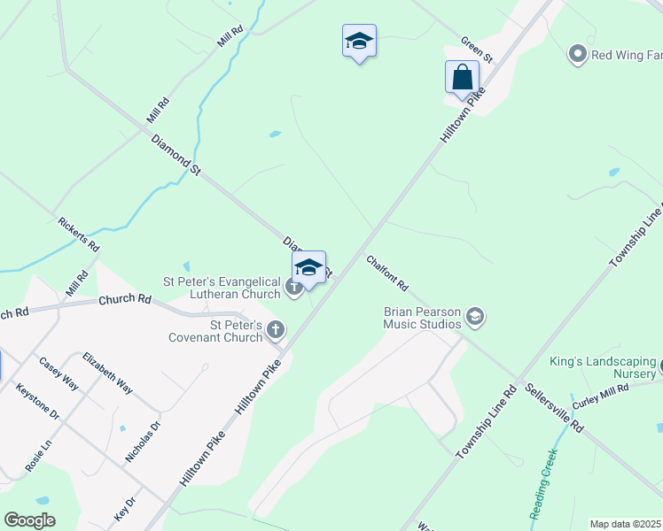 map of restaurants, bars, coffee shops, grocery stores, and more near 1104 Hilltown Pike in Bucks County
