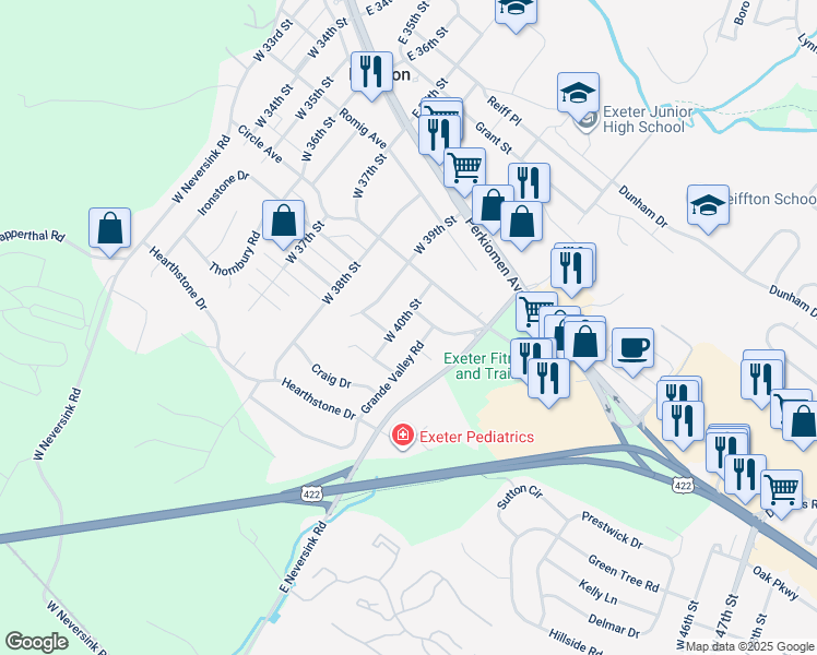 map of restaurants, bars, coffee shops, grocery stores, and more near 213 West 40th Street in Reading