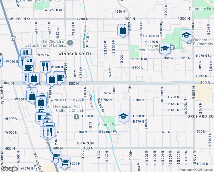 map of restaurants, bars, coffee shops, grocery stores, and more near 780 North 235 East Street in Orem