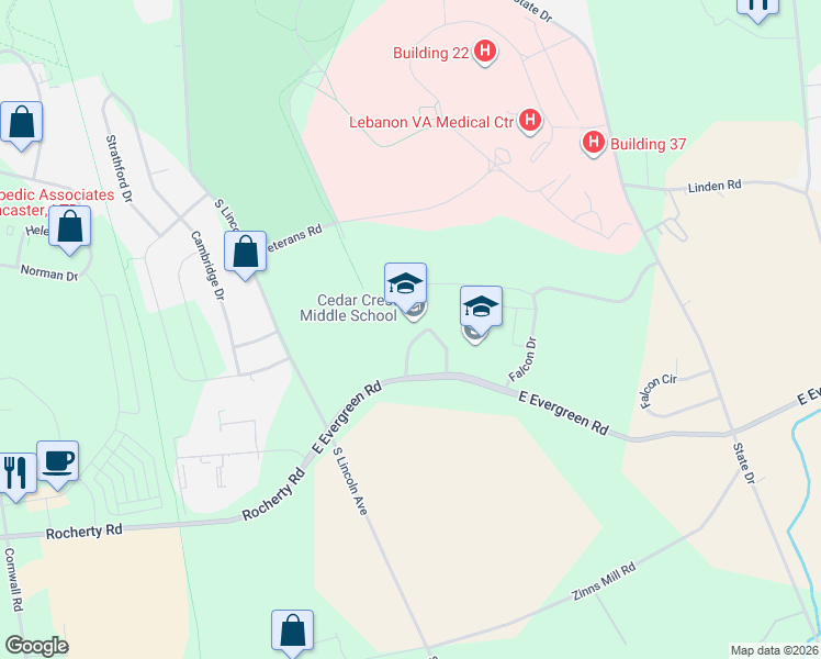 map of restaurants, bars, coffee shops, grocery stores, and more near 101 East Evergreen Road in Lebanon