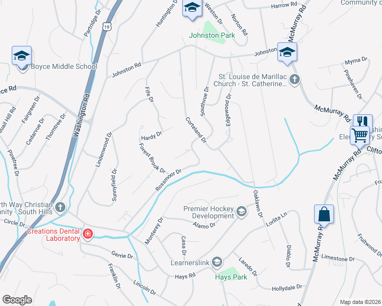 map of restaurants, bars, coffee shops, grocery stores, and more near 2584 Rossmoor Drive in Pittsburgh