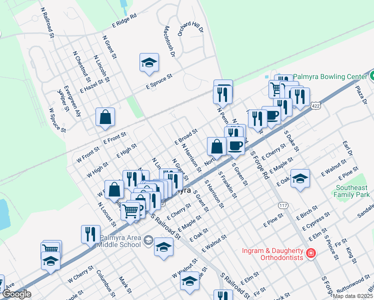 map of restaurants, bars, coffee shops, grocery stores, and more near 146 North Harrison Street in Palmyra