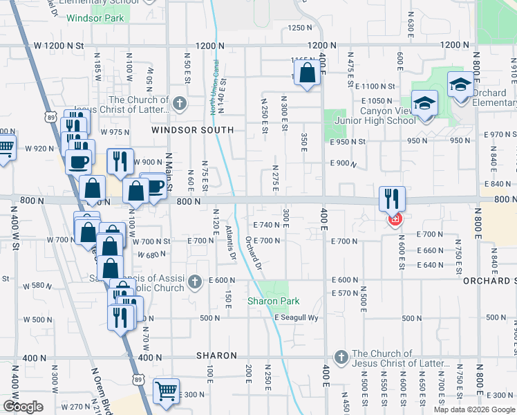 map of restaurants, bars, coffee shops, grocery stores, and more near 773 North 235 East Street in Orem