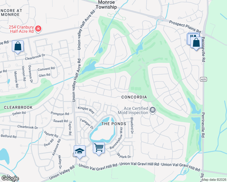 map of restaurants, bars, coffee shops, grocery stores, and more near 2A Spaulding Drive in Monroe Township