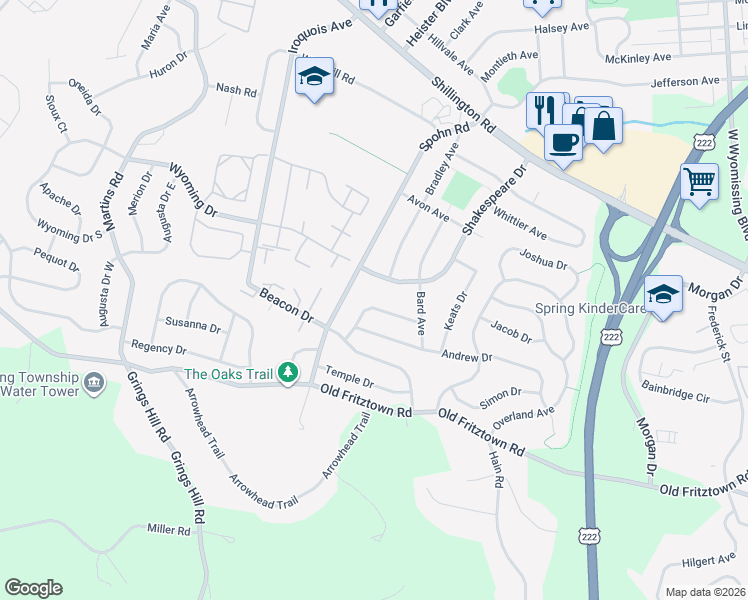 map of restaurants, bars, coffee shops, grocery stores, and more near 2708 Huyett Drive in Sinking Spring