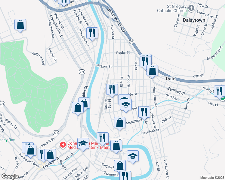 map of restaurants, bars, coffee shops, grocery stores, and more near 101-149 Golde St in Johnstown
