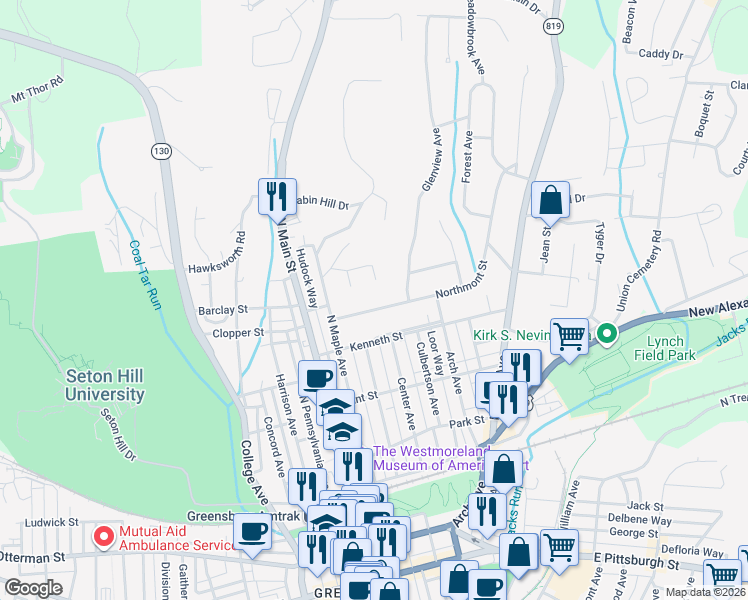 map of restaurants, bars, coffee shops, grocery stores, and more near 10 Northmont Street in Greensburg