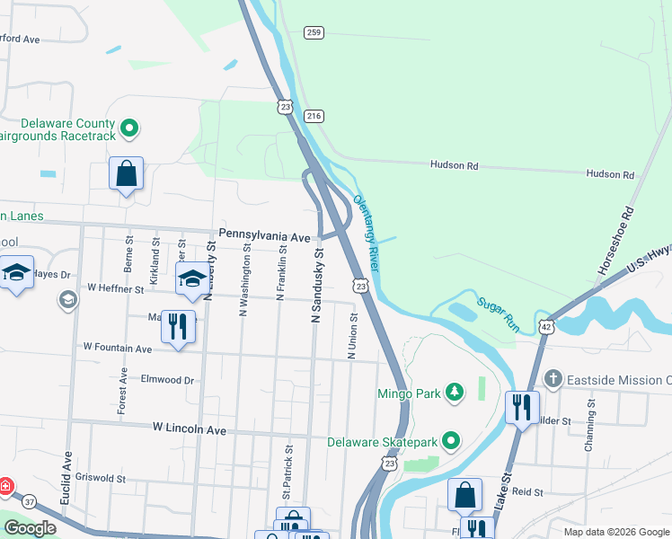 map of restaurants, bars, coffee shops, grocery stores, and more near 39 East Heffner Street in Delaware