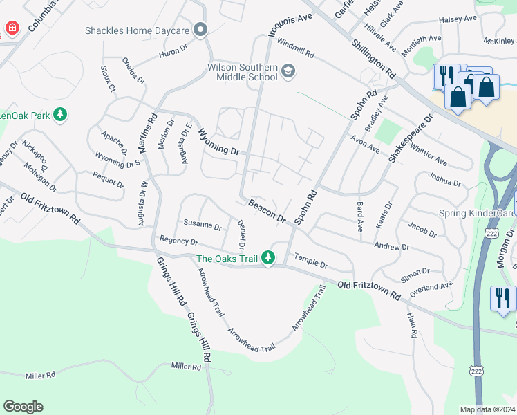 map of restaurants, bars, coffee shops, grocery stores, and more near 2908 Marvin Drive in Reading