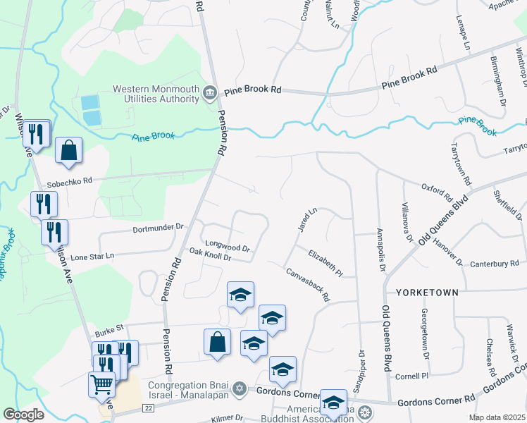 map of restaurants, bars, coffee shops, grocery stores, and more near 365 Oak Knoll Drive in Manalapan Township